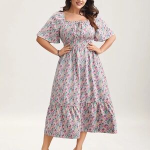 NWT Bloomchic Pastel Multicolor Floral Smocked Waist Tiered Midi Dress Size 10